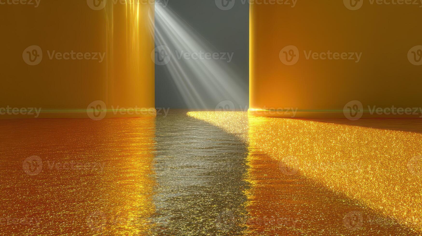 Bright light shines through open doors reflecting golden hues on a shimmering floor photo