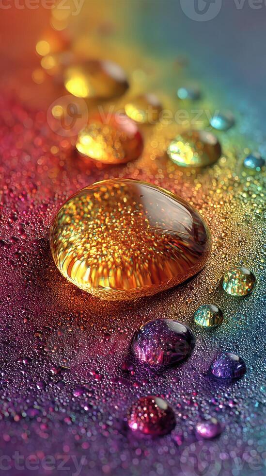 Colorful water droplets reflecting light on a vibrant gradient background in a creative artistic setup photo