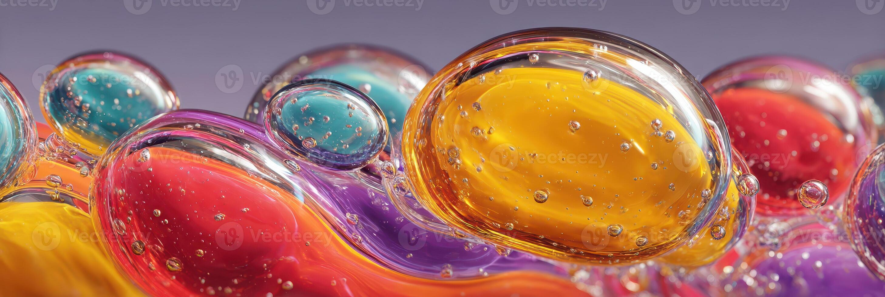 Colorful bubbles in liquid form create a vibrant abstract composition, showcasing a variety of shapes and textures during a studio display photo