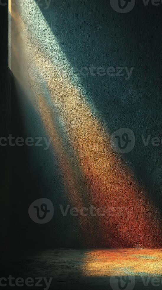Light streaming through a window highlights textured walls and floor in a serene indoor space during the afternoon photo