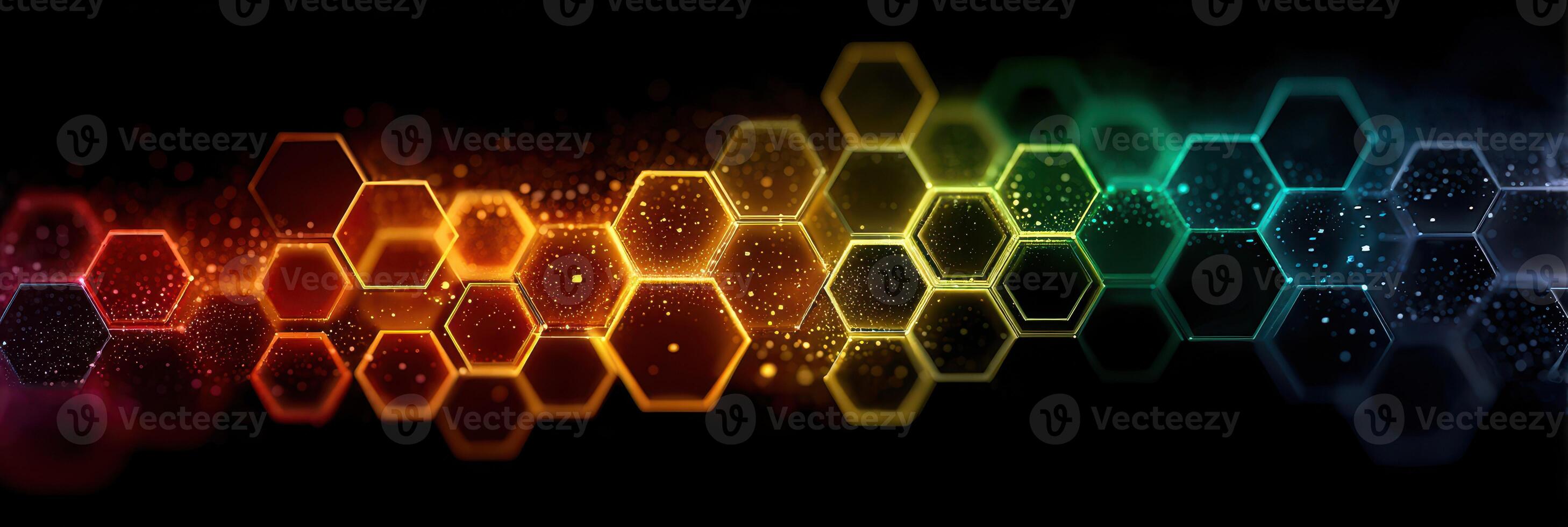 Colorful hexagonal pattern with gradient effects in vibrant shades against a dark background photo