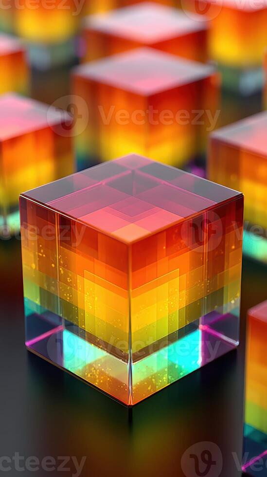 Colorful translucent cubes arranged on a surface with gradient patterns glowing in various shades during a bright setting photo