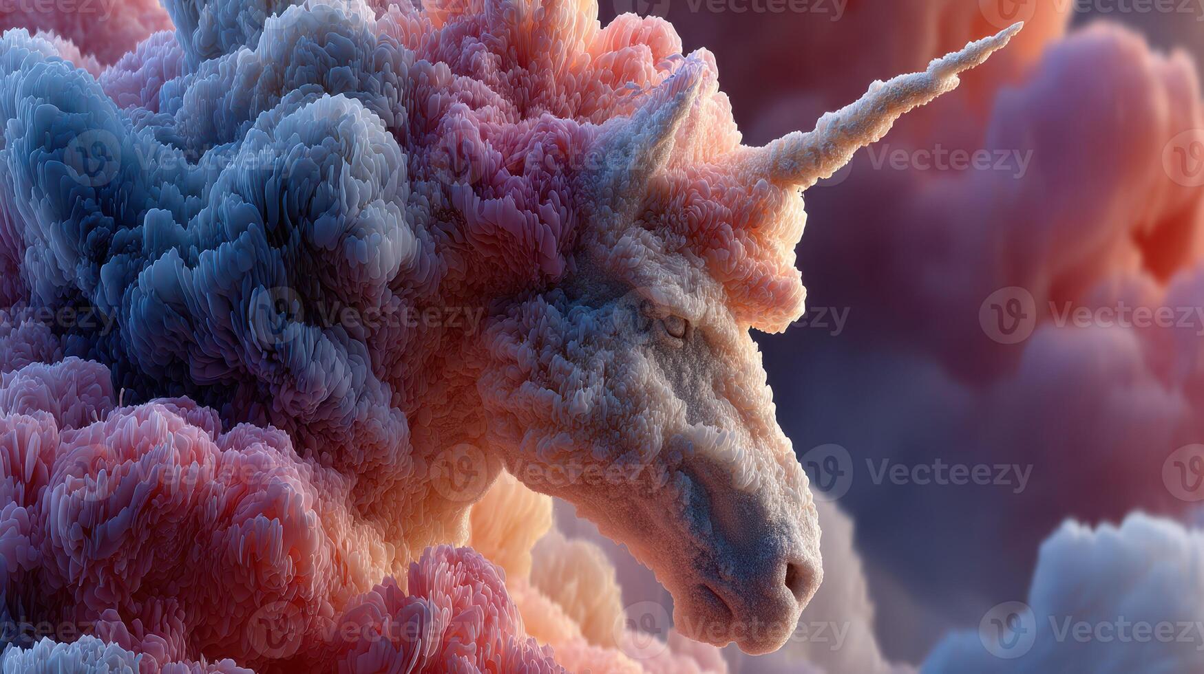 Stunning depiction of a unicorn emerging from colorful clouds at sunset in a dreamy landscape photo
