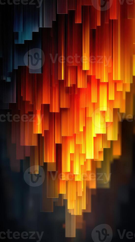 Vibrant abstract art with warm colors in a dynamic vertical arrangement during evening light photo