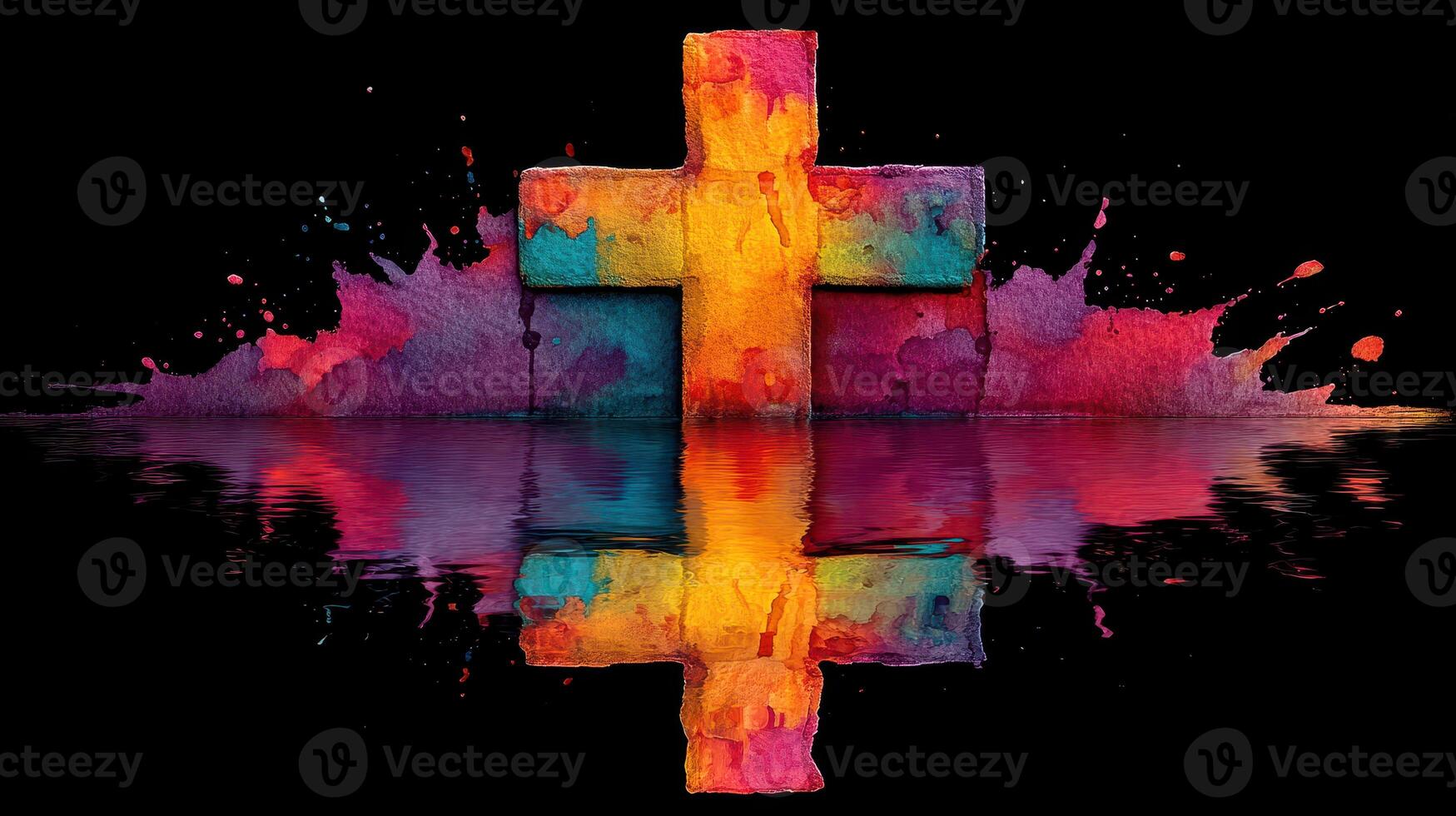 Colorful cross with vibrant splashes and reflections on a black background creating a striking visual impact photo
