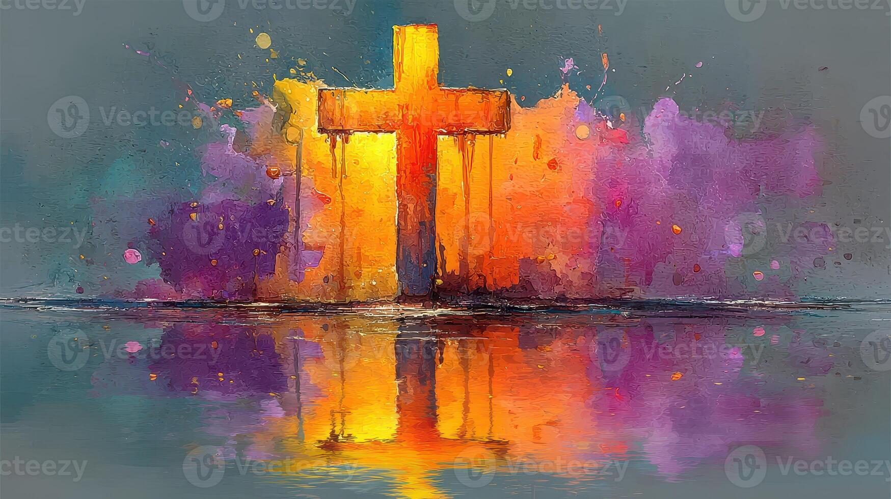 Colorful cross reflection on water showcasing vibrant hues at sunset photo