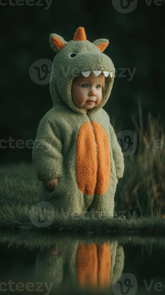 Cute child in dinosaur-themed outfit standing by reflective water during golden hour in a natural setting photo