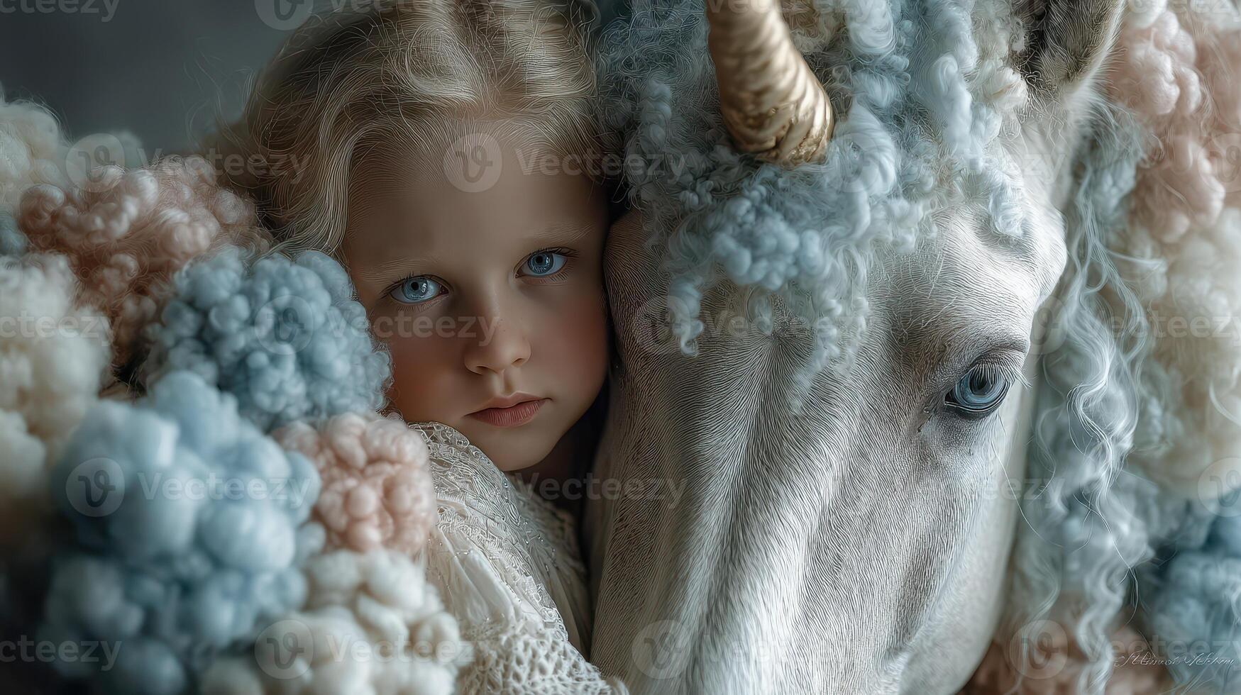 Young girl holds unicorn closely while surrounded by colorful fluffy decorations indoors photo