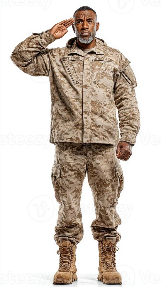 Military personnel saluting in desert camouflage uniform at a neutral background during a formal occasion photo