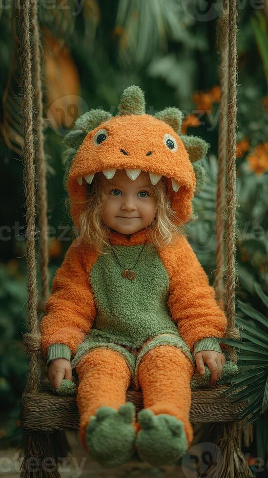 Child in a cozy dinosaur costume swinging in a lush garden during afternoon light photo