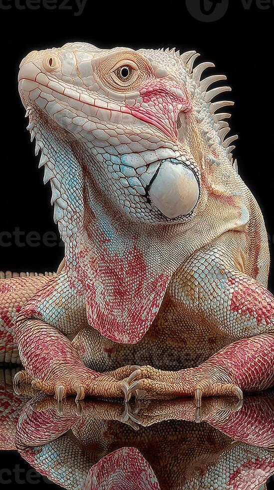 Unique lizard with textured skin resting on reflective surface in a dark environment photo