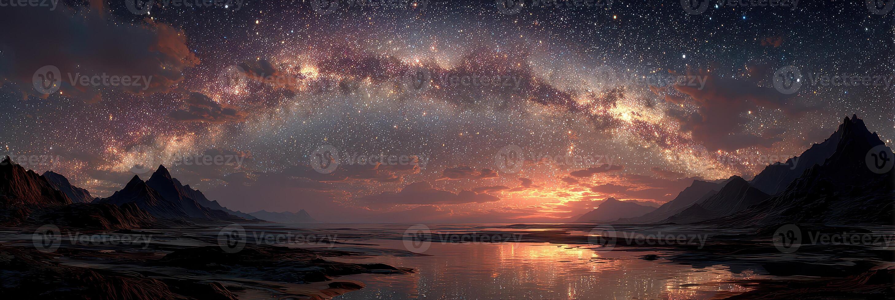 Night sky over calm waters reveals a stunning galaxy view at twilight with mountains in the foreground photo