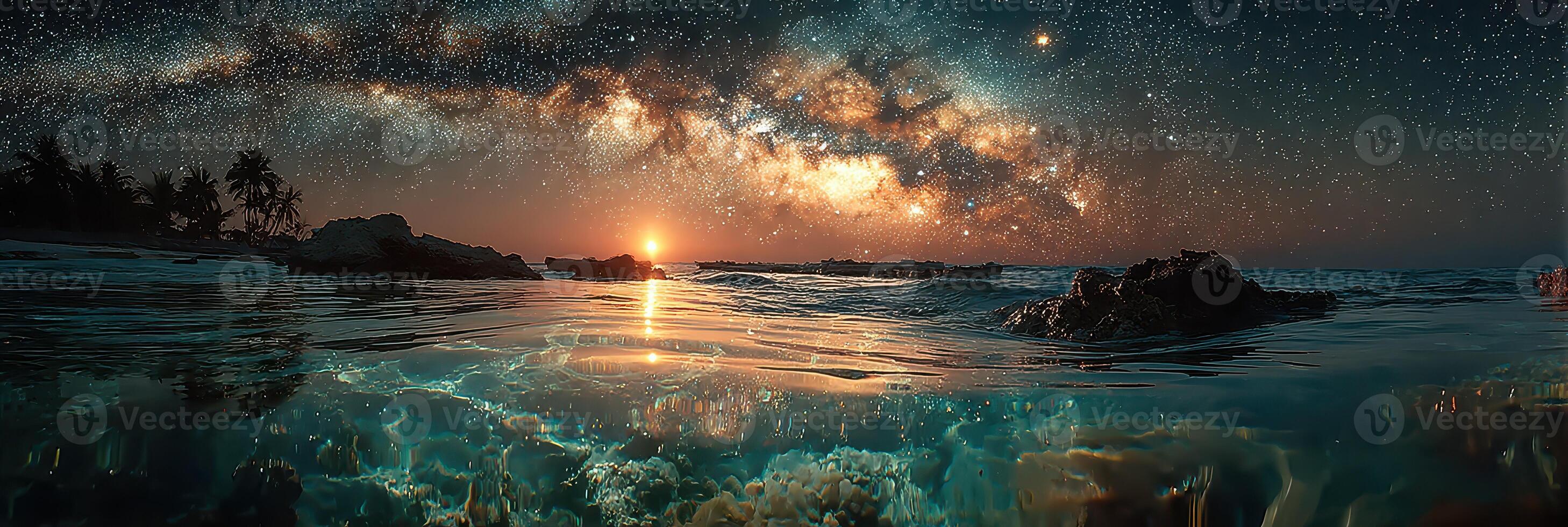 Night sky illuminated by the Milky Way over serene beach and calm ocean waters at sunset photo