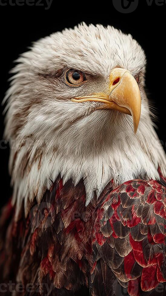 Majestic bald eagle perched elegantly against a dark background, highlighting its striking features and vibrant plumage in detail photo