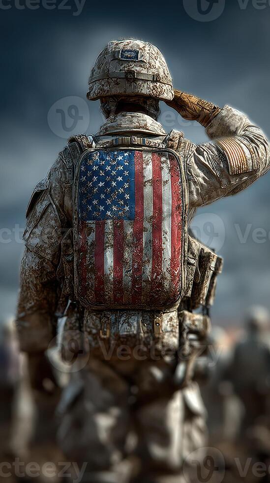 Soldier saluting with an American flag backpack during military ceremony at a training field photo