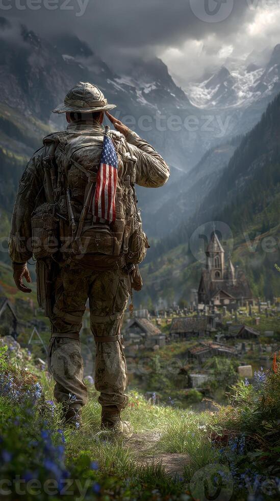 Soldier saluting in rugged mountain landscape with village and church at dawn photo