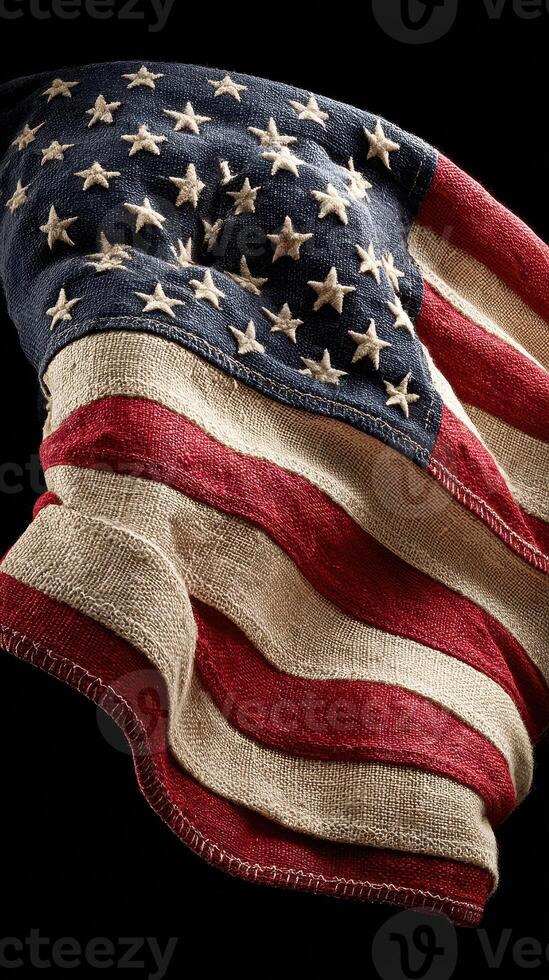 Waving American flag made of textured fabric displayed against a dark background photo