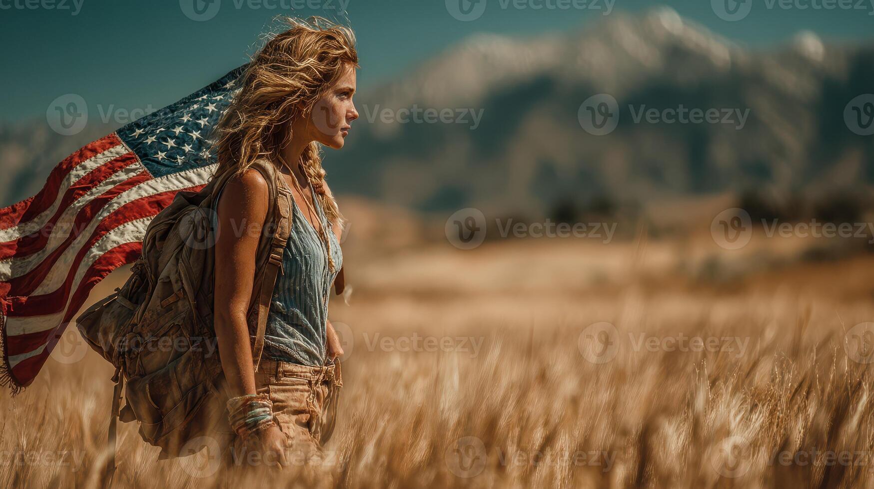 Woman walking through golden wheat field with American flag in the mountains at sunset photo
