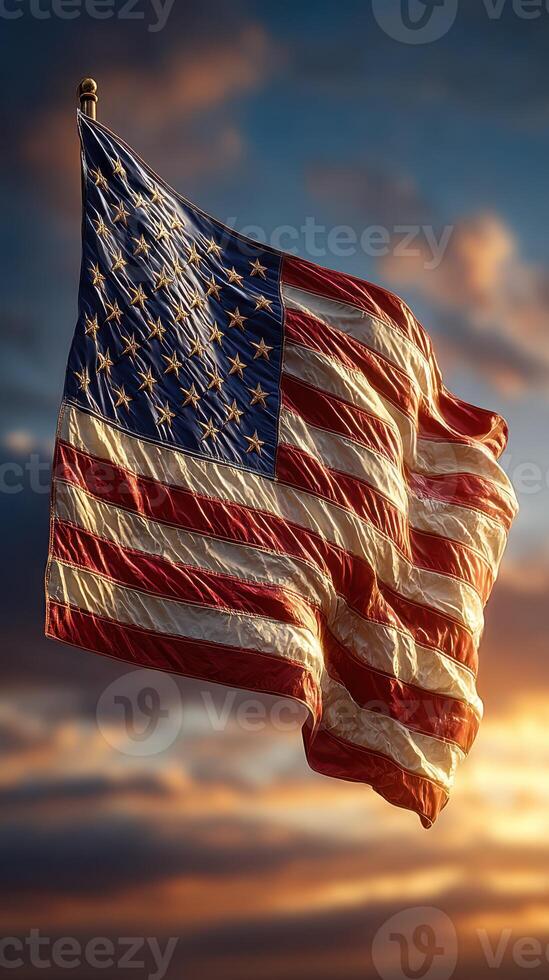 Captivating American flag waving majestically against a colorful sunset sky photo