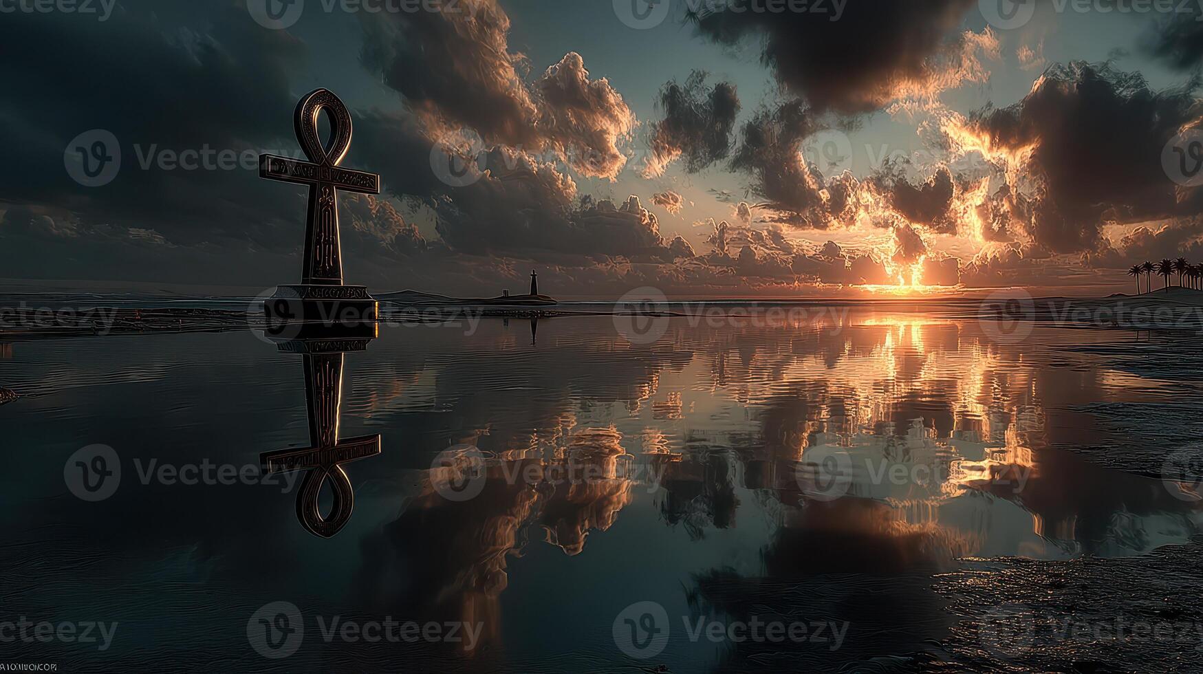 Sunset reflecting off calm waters with an ankh symbol in a serene coastal setting photo
