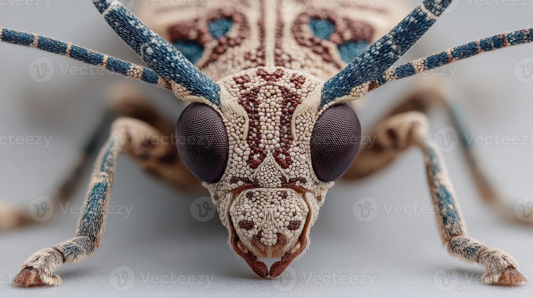 Close-up of a colorful insect showcasing intricate details and texture in a studio setting photo