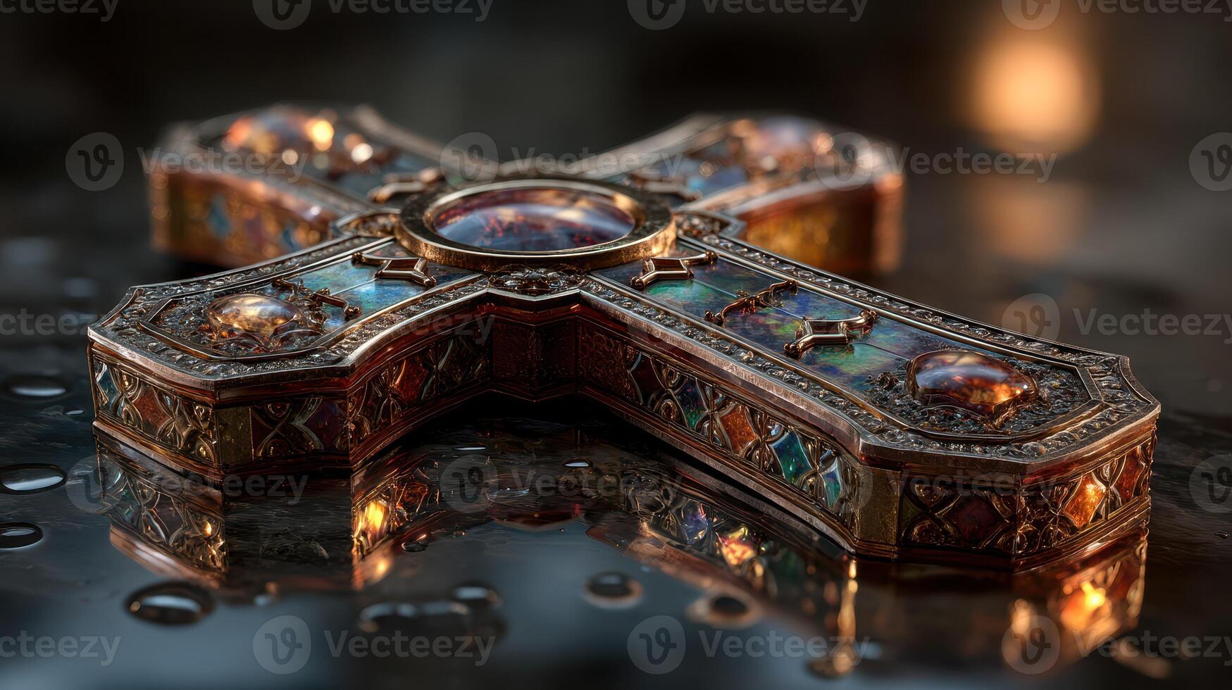 Detailed ornate cross resting on a reflective surface with water droplets capturing the light during a serene moment photo