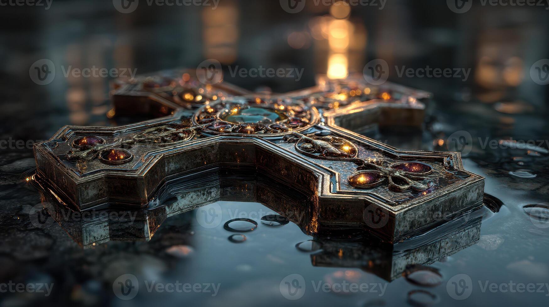 Intricately designed cross resting on a reflective surface during dusk with warm light illuminating from nearby structures photo