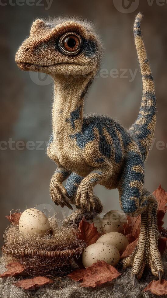Colorful dinosaur hatchling stands guard over eggs in a rustic nest surrounded by autumn leaves photo