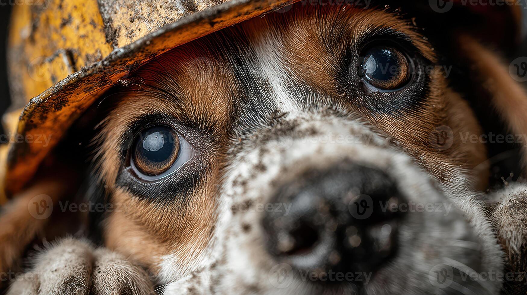 Rescue dog wearing construction helmet covered in dirt shows strong emotion during a challenging moment photo