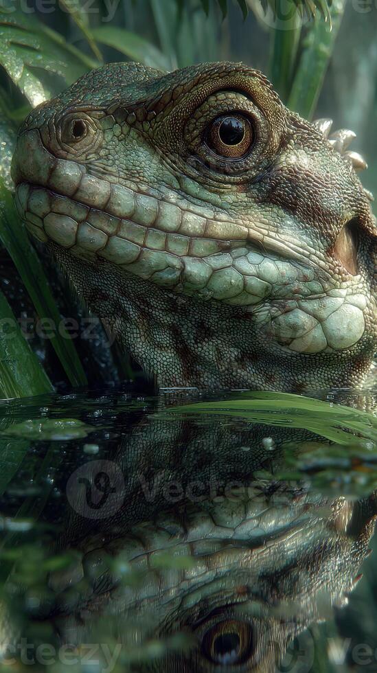 Close-up of a lizard emerging from water surrounded by lush greenery during daytime photo