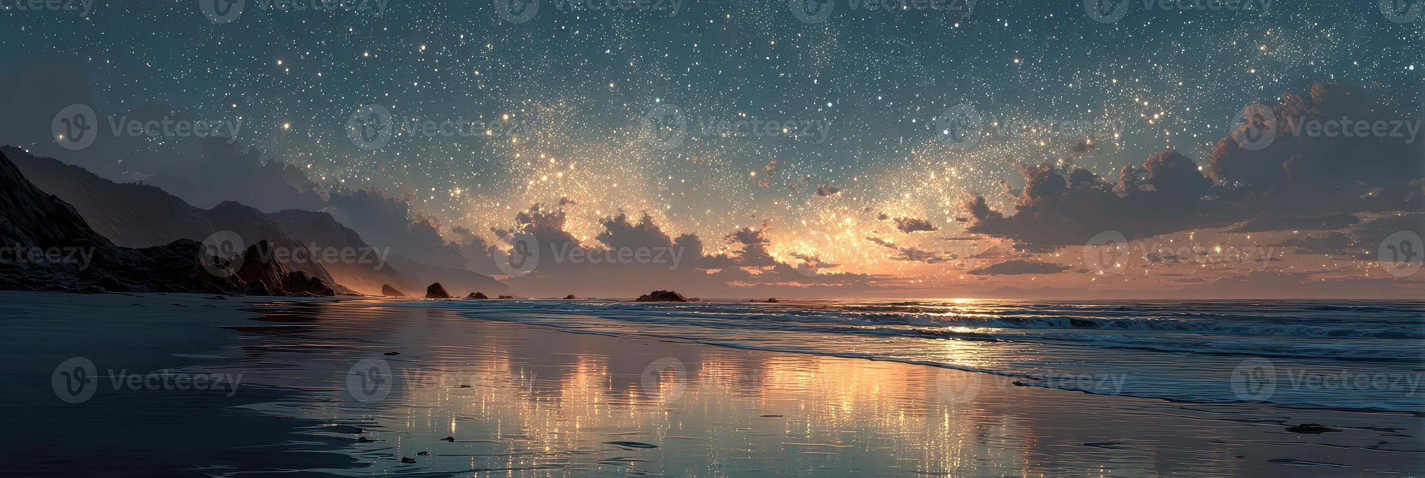 Vast ocean view under a starry sky with shimmering reflections at twilight near the coastline photo