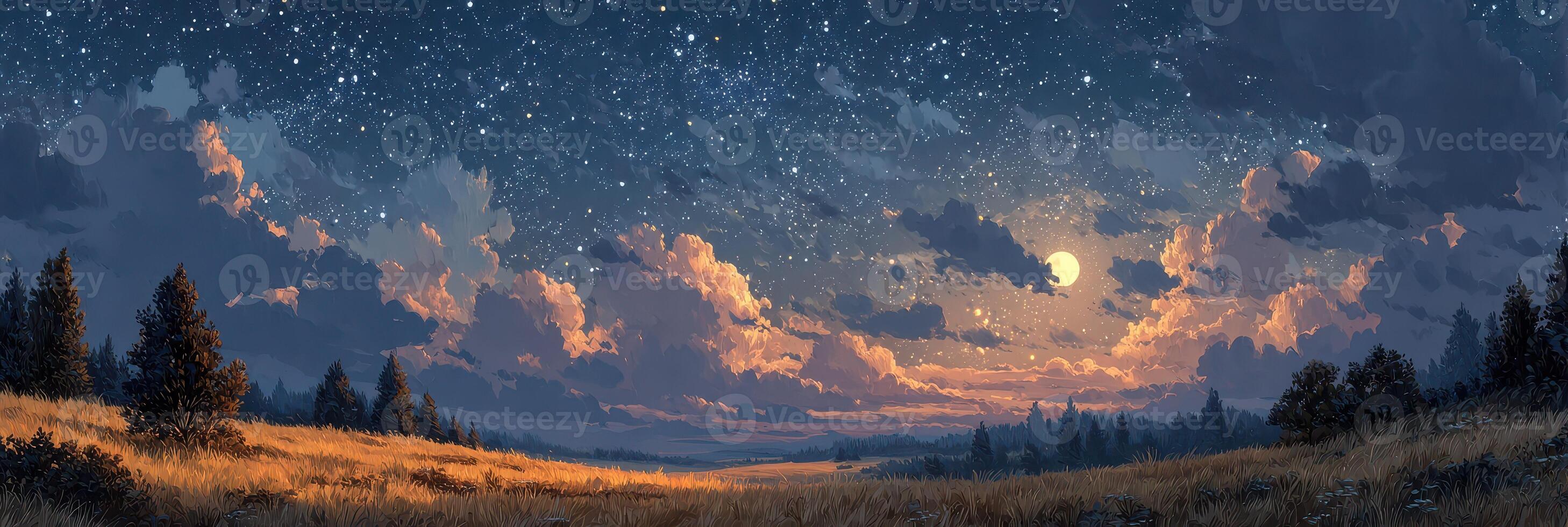 Stars twinkle in a night sky over a tranquil landscape during the late evening hours photo