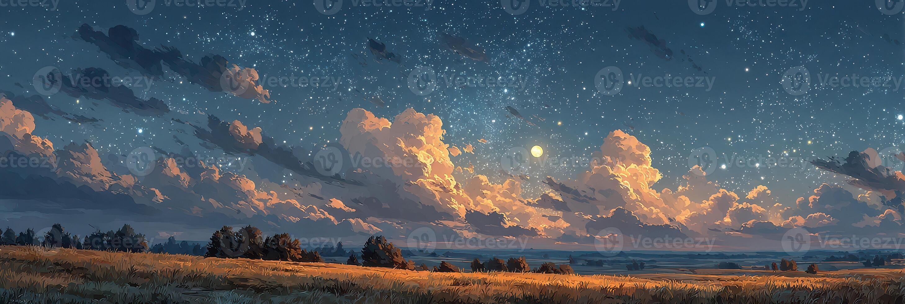 Starlit sky over grassy fields at dusk with vibrant clouds and a glowing moon photo