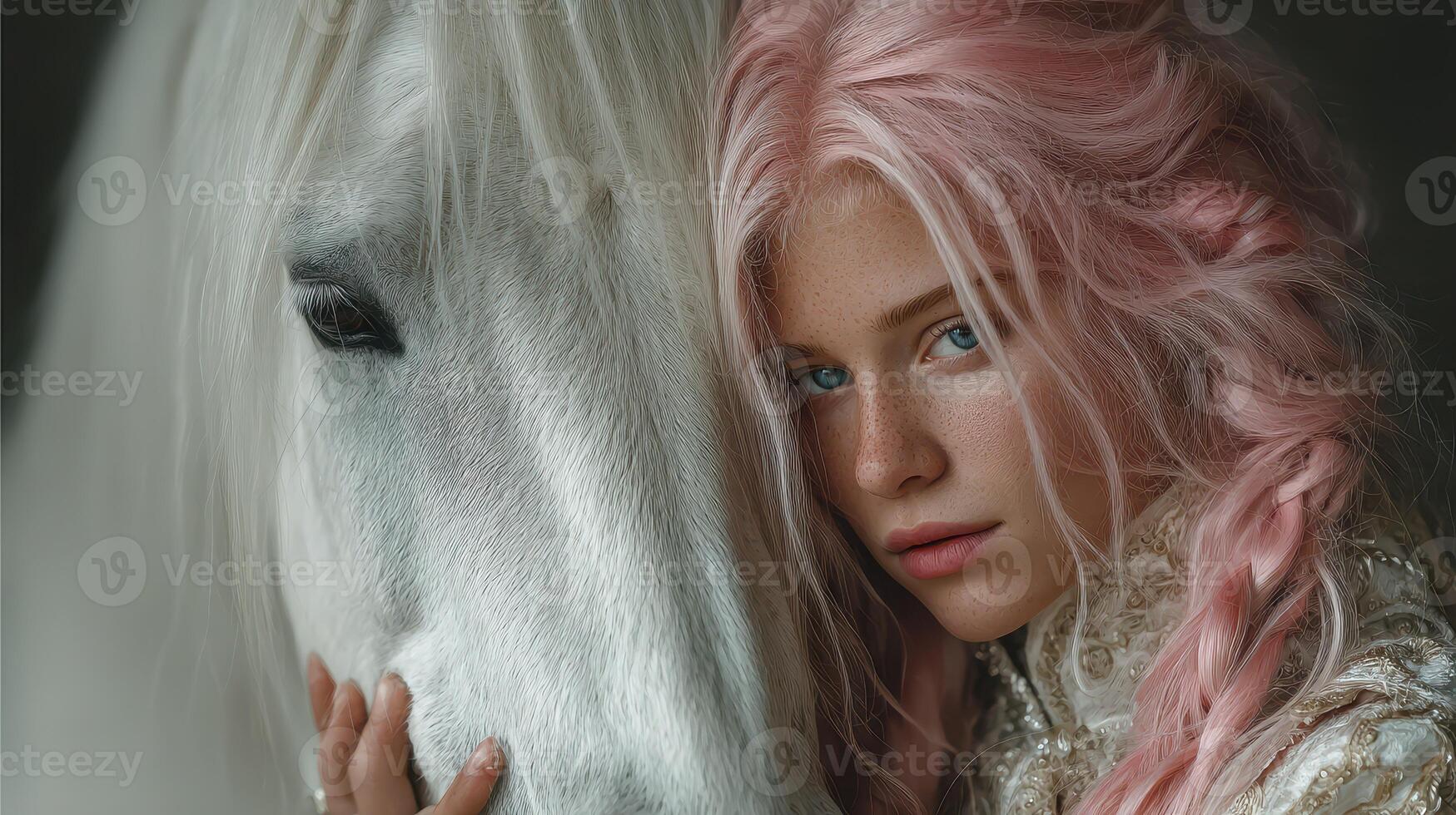 Young woman with pink hair embraces a white horse in an intimate moment beside a dark backdrop photo