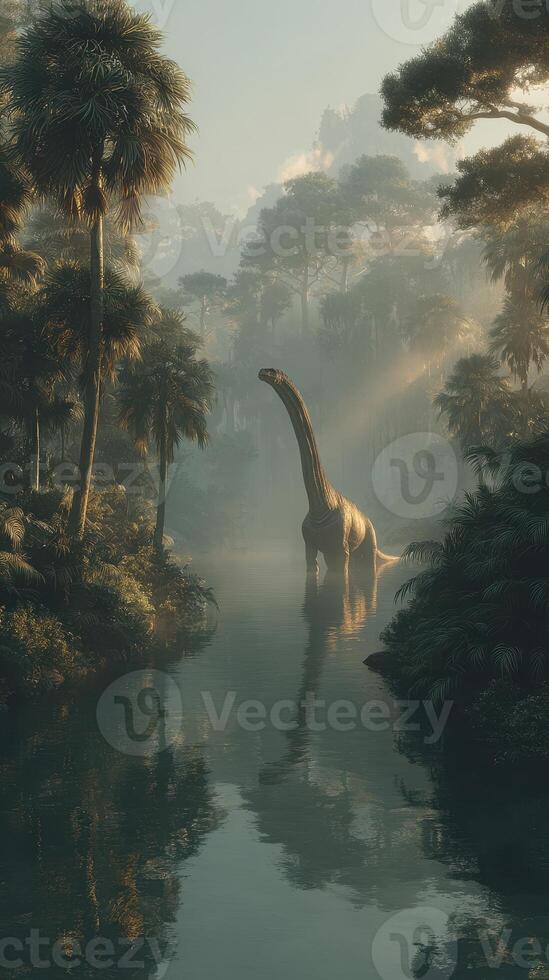 Majestic dinosaur wades through a tranquil prehistoric river surrounded by lush vegetation at dawn photo