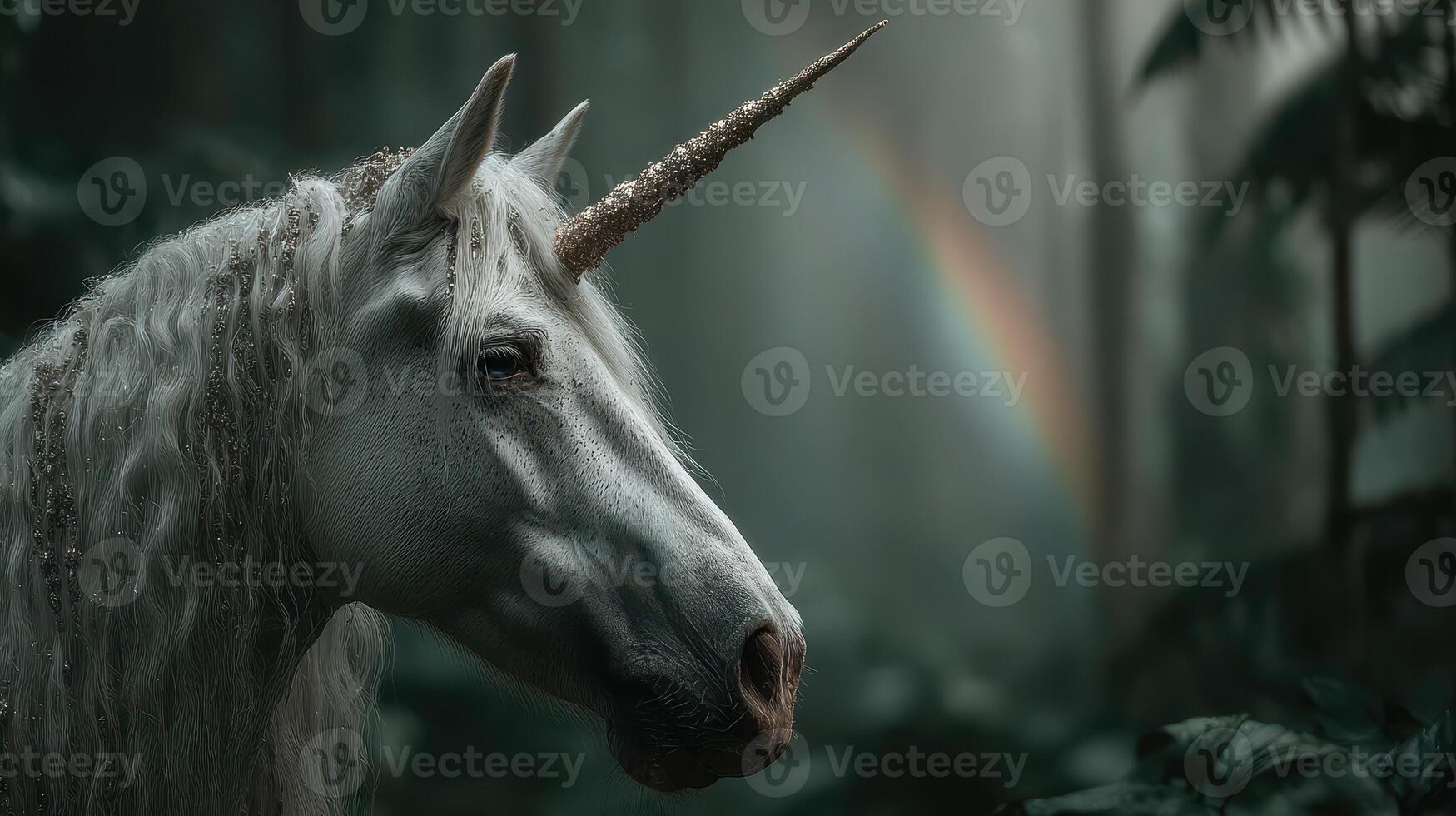 Magical unicorn in a misty forest with a rainbow in the background during early morning light photo