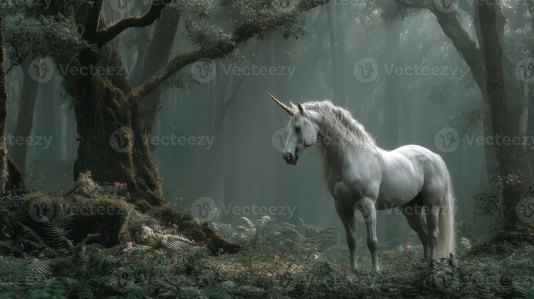 Elegant unicorn standing in an enchanted forest, surrounded by mist and ancient trees during the early morning light photo