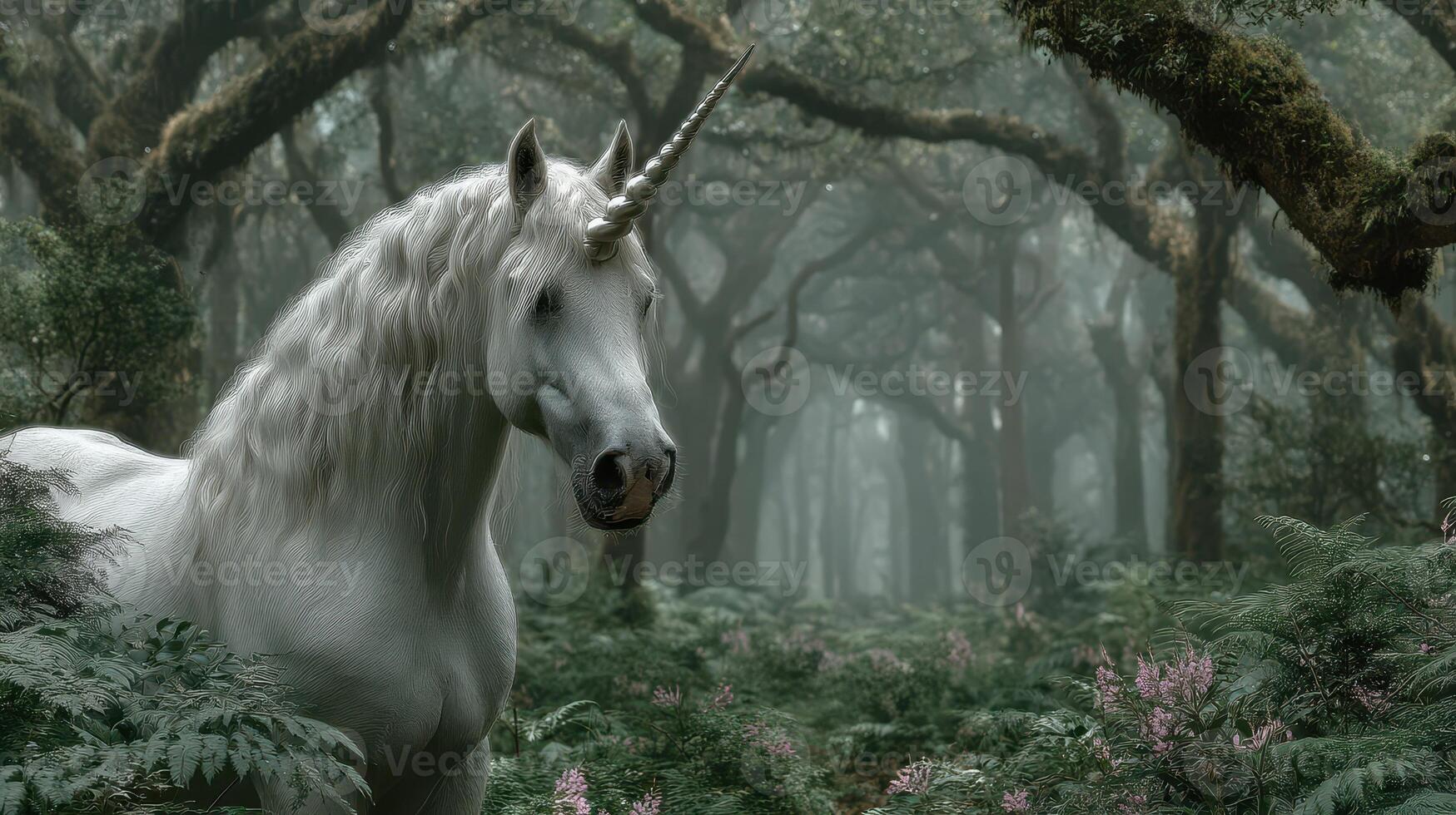 Enchanted white unicorn standing gracefully in a misty woodland filled with lush ferns and trees during early morning light photo