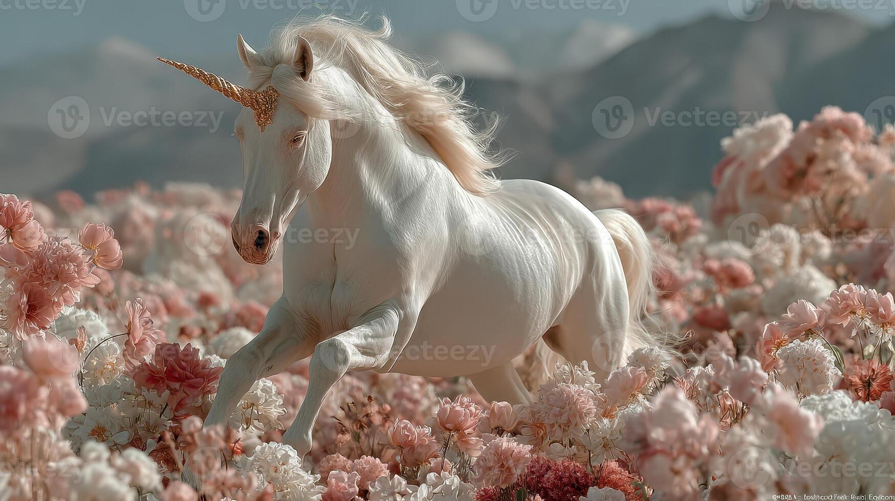 White unicorn running joyfully through a field of pink flowers in a surreal landscape during daylight photo