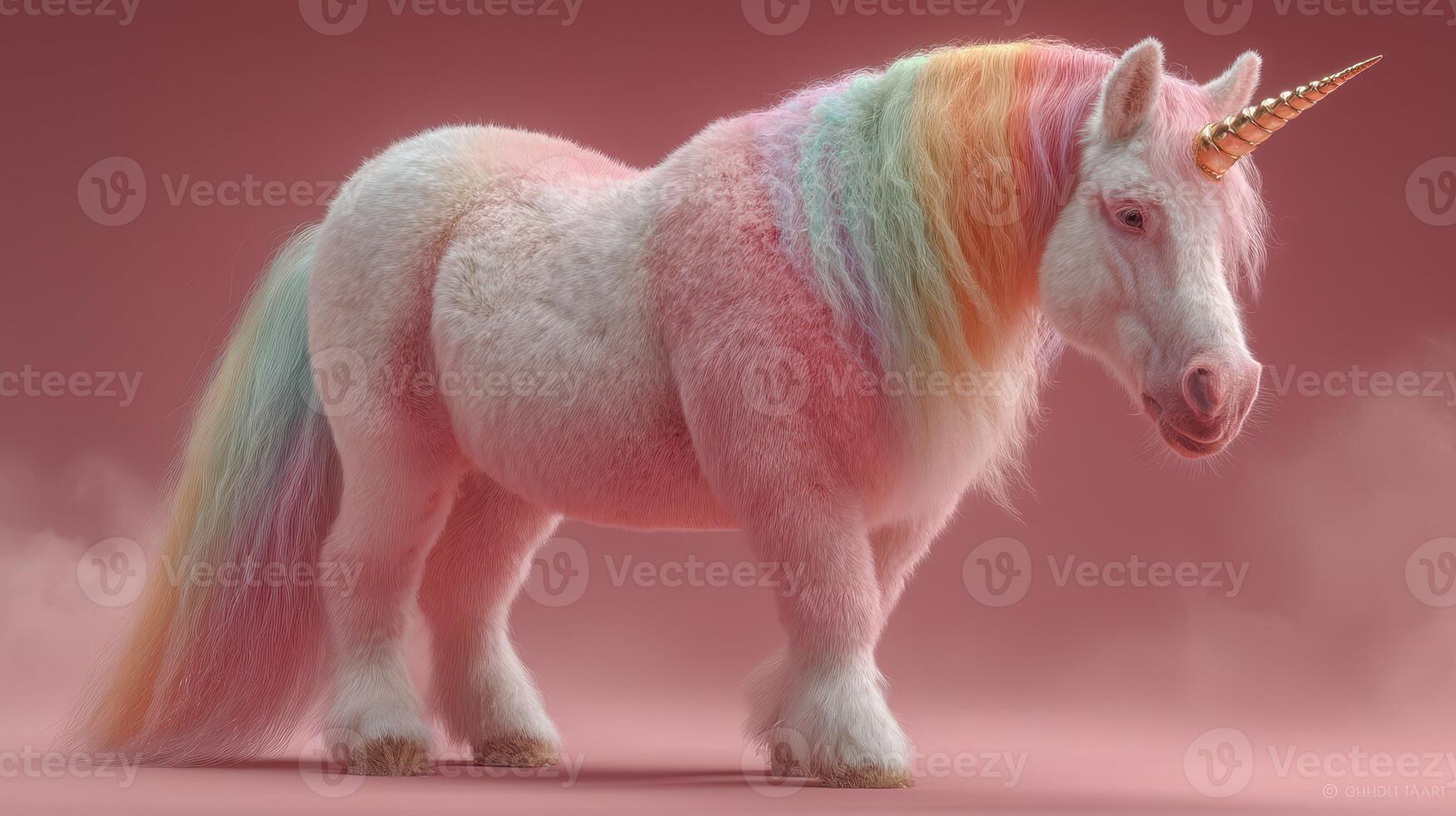 Colorful unicorn stands gracefully against a soft pink backdrop in a whimsical fantasy setting emphasizing its magical features photo