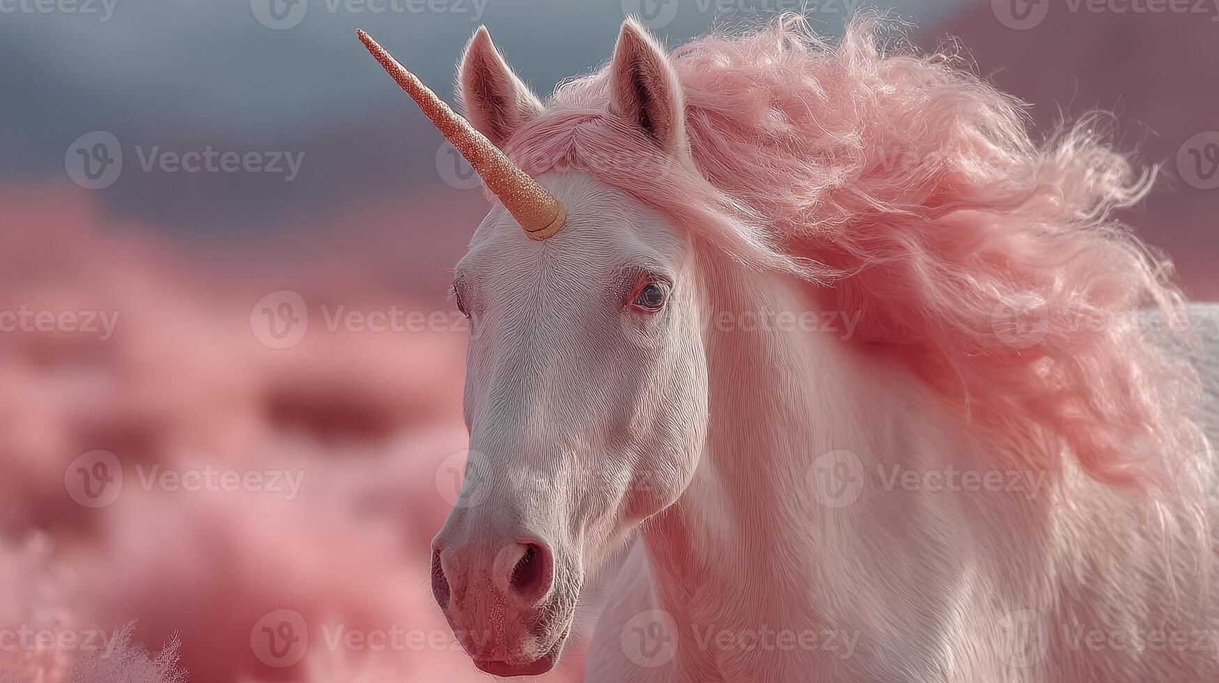 Magical unicorn with pink mane stands in a dreamy landscape under soft, ambient light during a serene sunset photo