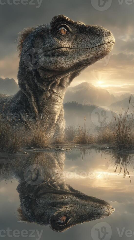 Raptor silhouette near a calm lake at sunset with mountain backdrop photo
