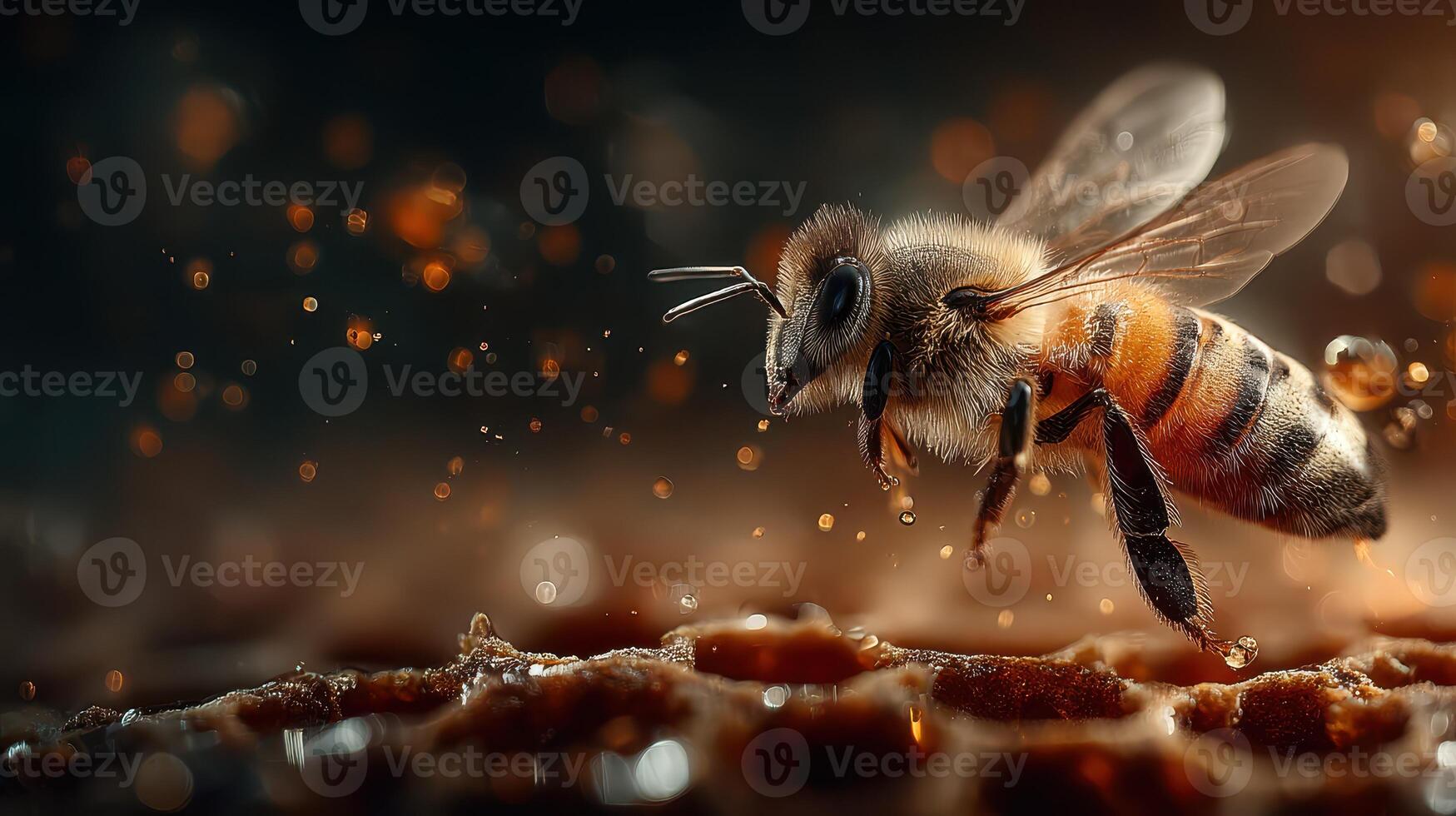 Close-up of a bee hovering above a honeycomb during a sunny afternoon in a garden photo