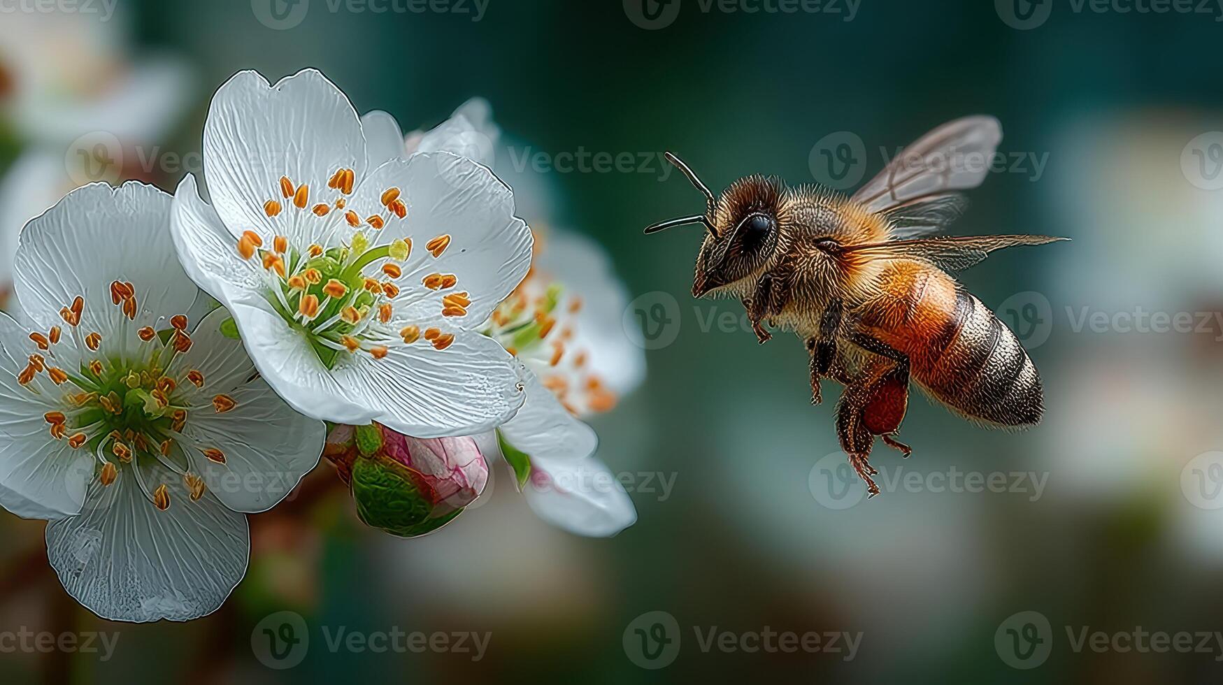 Bee hovering near blossoming flowers in a sunny spring garden during morning hours photo