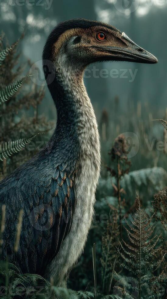 Bird-like creature standing in misty forest surrounded by ferns during early morning hours photo
