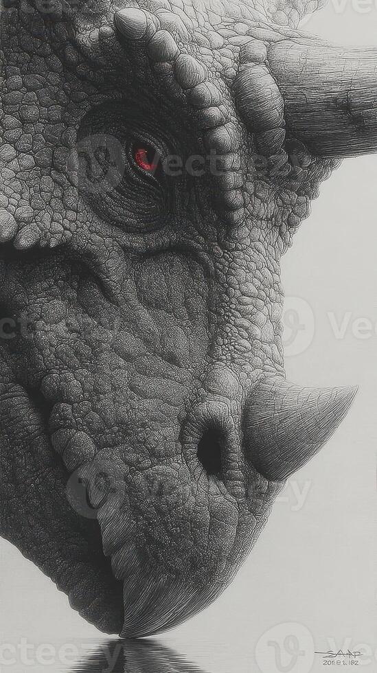 Detailed depiction of a dinosaur skull with intricate textures and a striking red eye on a white background photo