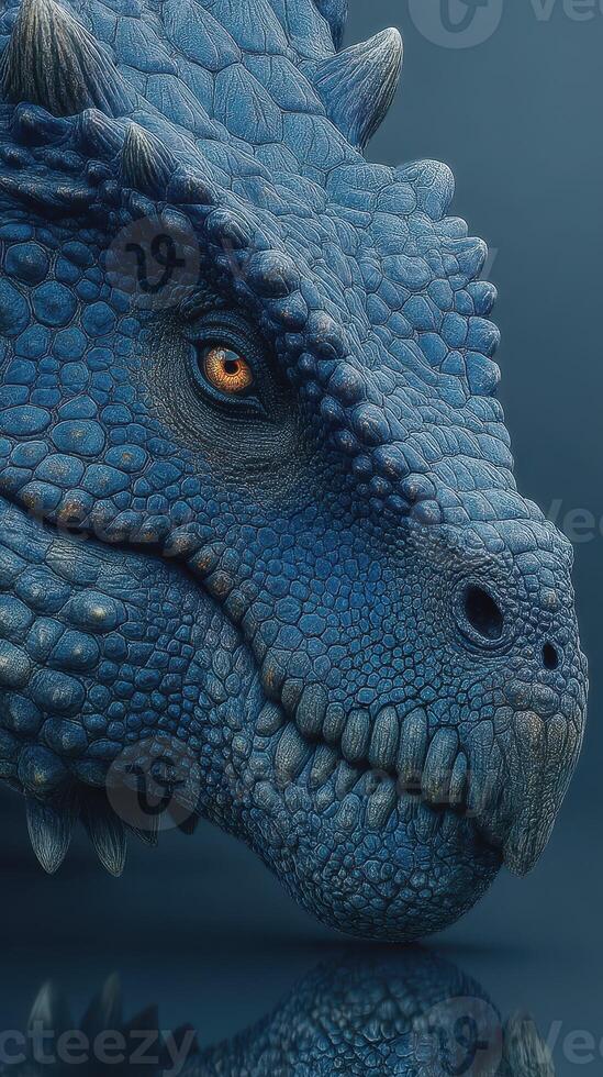 Large blue dragon with textured scales and piercing eye gazes intensely at viewer in a fantasy setting photo