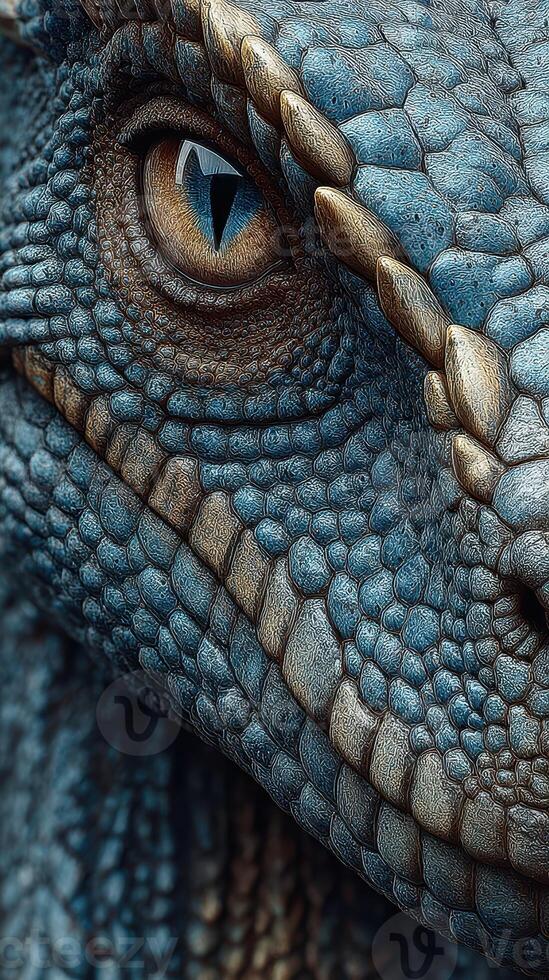 Close-up view of a textured dragon eye highlighting scale patterns and color details photo