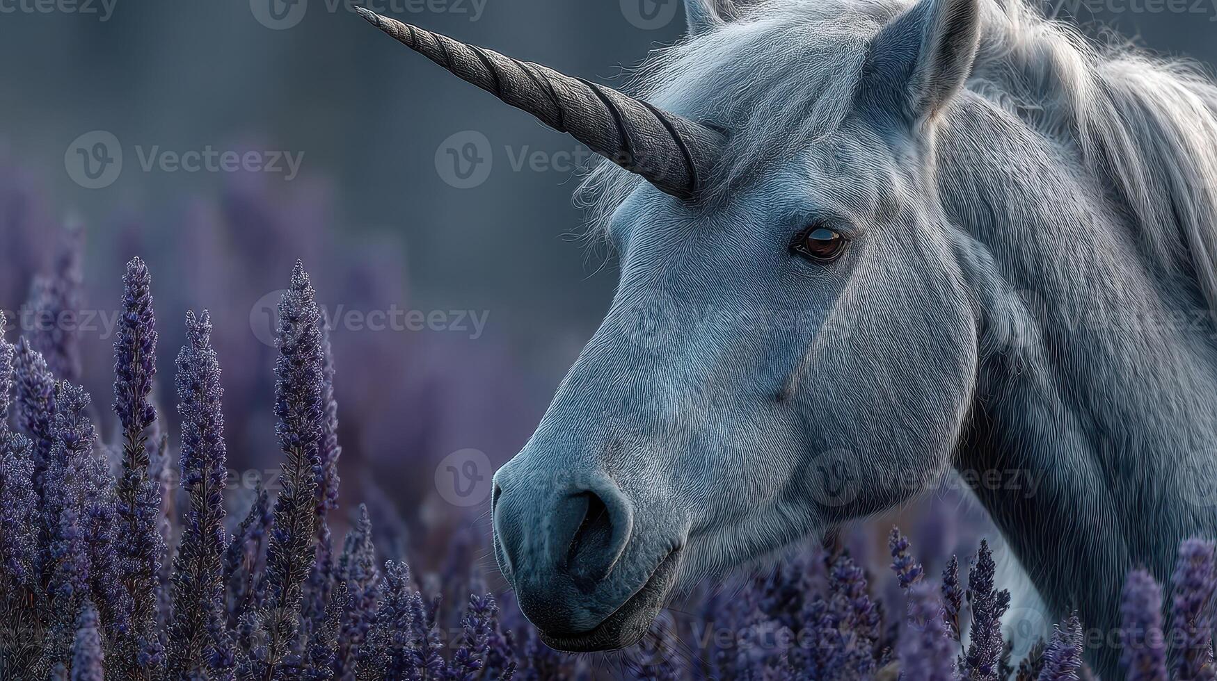 Gray unicorn stands among purple flowers in a serene landscape at twilight photo