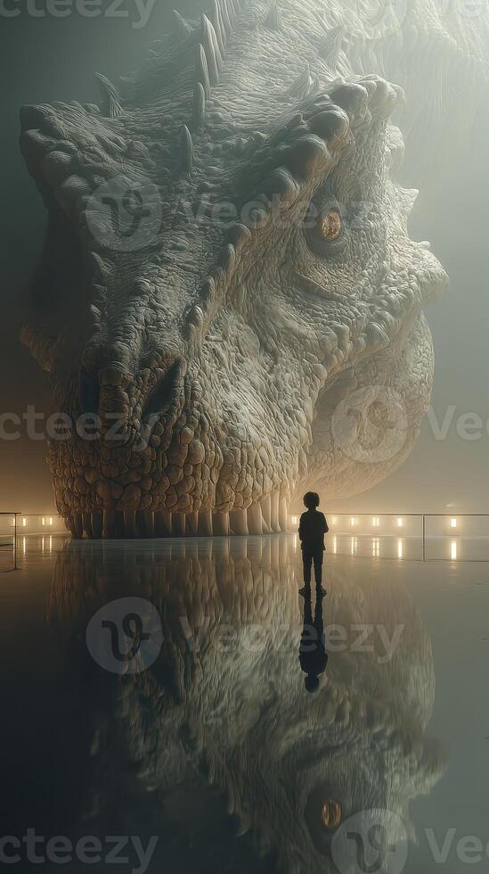 Encounter with a colossal dragon in a surreal, misty setting at twilight photo